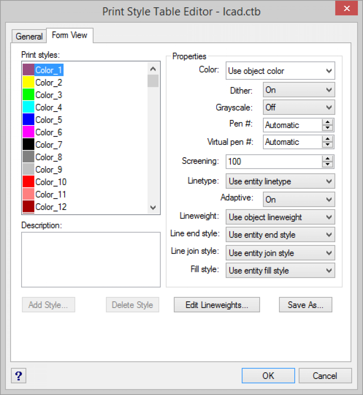 IntelliCAD - Editor de la tabla de estilo de impresión